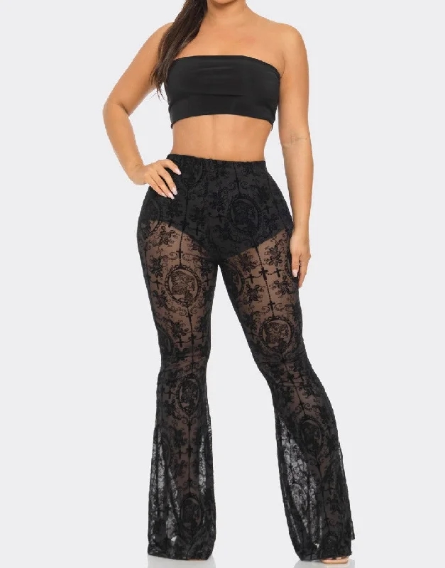 Women's Lined Flower Mesh Bell Bottom Pants - FANFP3049