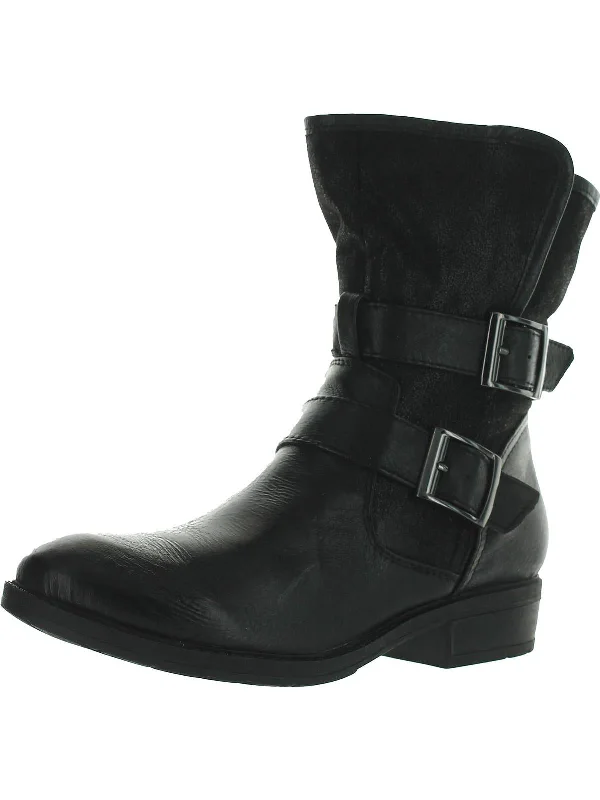 Yoshi Womens Faux Leather Round Toe Motorcycle Boots