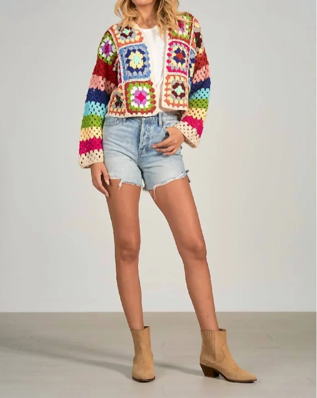 Hannah Crochet Sweater Cardigan In White Multi