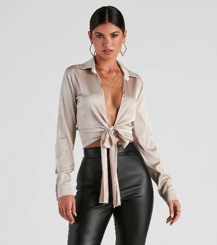 So Sleek Satin Tie-Front Blouse