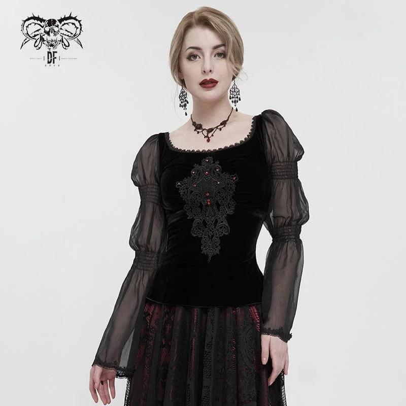 Women's Gothic Flared Sleeved Floral Embroidered Shirt