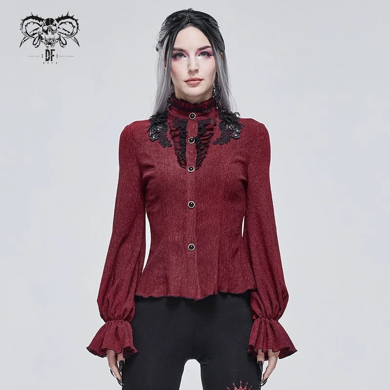 Women's Gothic Strappy Puff Sleeved Ruched Red Shirt