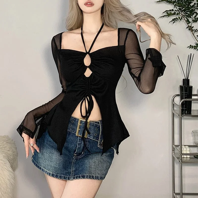 Women's Punk Cutout Drawstring Split Shirt